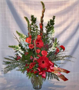 Tableside Vase with Gladiolas*, Snapdragons, Large Gerbera Daisy, Carnations, and Alstroemeria