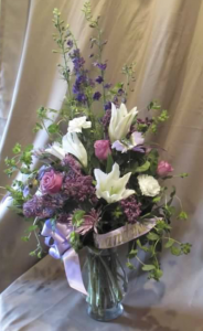 Tableside Vase with Larkspur, Asiatic Lily, Carnations, Large Roses and Daisy Mums