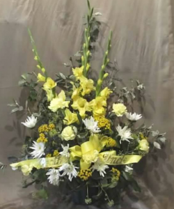 Traditional Tribute with Gladiolas, Carnations, Pom Mums and Yarrow *