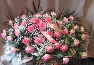 Casket Spray with Large Roses and Gypsophila