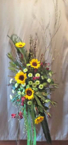 Easel Tribute with Sunflowers, Alstroemeria, Safari Sunset, "Green Cushion"Pom Mums, Large Sago Palm, 