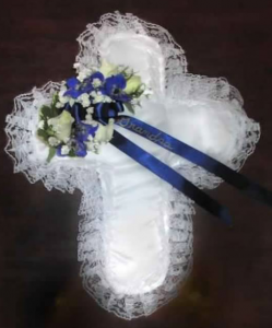 Satin Cross Pillow with Delphinium, and Roses