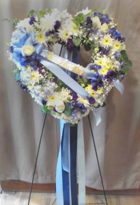Open Floral Heart with Delphinium, Hydrangea, Spray Roses, Pom Mums, and Gypsophilia