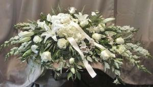 Casket Spray with Hydrangea, Snapdragons, Asiatic Lilies, Large Roses, Alstroemeria and Veronica