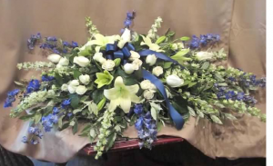Casket Spray with Delphinium, Larkspur, Asiatic Lilies, Large and Spray Roses