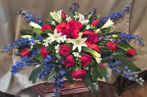 Casket Spray with Delphinium, Asiatic Lily, Large Roses, and Freesia