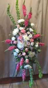 Easel Spray with Bells of Ireland, Snapdragons, Fuji Mums, Large Roses, Carnations and Daisies