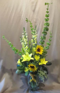 Tableside Vase with Bells of Ireland, Snapdragons, Sunflowers, Asiatic Lilies, Pom Mums and Solidaster