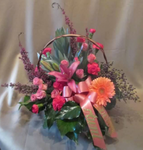 Tableside Basket with Spray Roses, Miniature Carnations, Asiatic Lily, Gerbera Daisy, Silver Protea and Heather