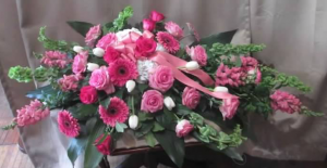 Casket Spray with Bells of Ireland, Snapdragons, Hydrangea, Large Gerbera Daisy, Roses and Tulips