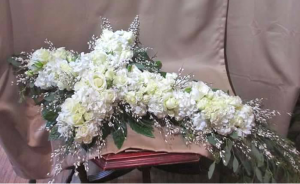 Casket Cross with Hydrangea, Large and Spray Roses,and Genestra