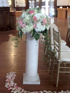 White and Pink Column with Hydrangeas and Roses with Mixed Greens