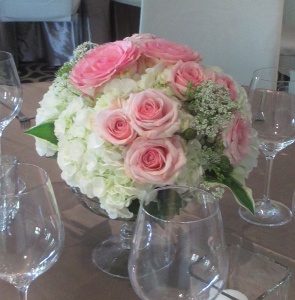 Pedestal Vase with Hydrangea and Roses with Mixed Greens