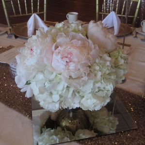 Pedestal Vase with White Hydrangea and Blush Peonies
