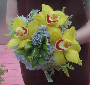 Blue Hydrangea Bouquet with Yellow Cymbidium Orchids