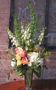 Hydrangea And Rose Vase With Snapdragons And Bells Of Ireland
