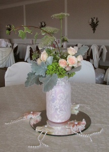 Lace Covered Mason Jars with Green and Pink Floral Mix