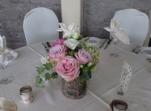 Birch Bark Vase with Roses, Dahlia's and Hydrangea 
