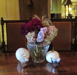 Glass Vase with Hydrangea, Roses, Dahlias and Wild Grasses