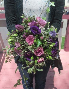 Bouquet with Lavender Roses, Lisianthus, Tulips, and mixed greens