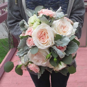 Pink and Ivory Rose Bouquets with Eucalyptus and Dusty Miller