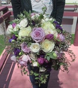 Bouquet with Purple and Ivory Roses, Lisianthus, Tulips, and mixed greens