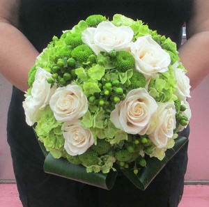 Green Hydrangea Bouquet with Roses, Kermit Mums and Hypericum Berry