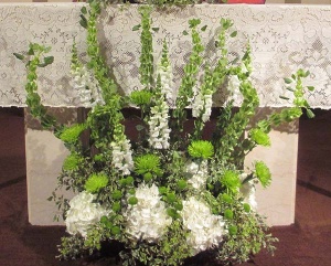 Alter Piece with White Hydrangea, Green Fuji Mums and Kermit Mums