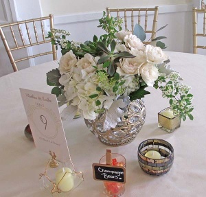 Succulent Centerpiece with White Hydrangea and Ivory Mini Roses