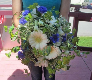 White Delphinium and Blue Cornflower Bouquet with White Gerbera Daisies and Mixed Greens