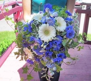 Blue Delphinium and Cornflower Bouquet with White Gerbera Daisies and Mixed Greens