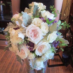 Light Pink and Ivory Garden Rose Bouquet with Purple Hydrangea and Mixed Greens