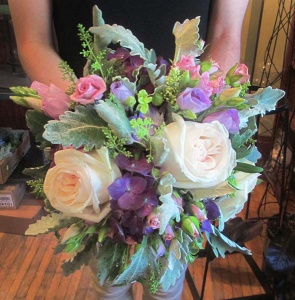 Purple and Pink Mixed Bouquet with Ivory Garden Roses