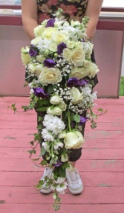 White Rose and Purple Lisianthus Cascade Bouquet 