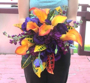 Orange Cala Lily Bouquet with Purple Lisianthus and Stock