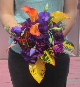 Orange Cala Lily Bouquet with Purple Lisianthus and Stock