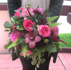 Shades of Pink Bouquet with Cymbidium Orchids, Roses, and Dahlias 