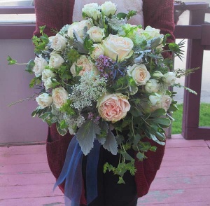 Ivory Garden and Mini Rose Bouquet with Thistle and Mixed Greens