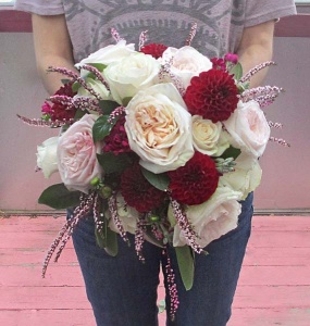 Pink and Ivory Garden Rose Bouquet with Burgundy Dahlias 