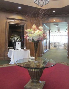 Pink and White Cone Hydrangea with White Roses on Entry Table
