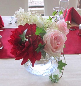 Red Dahlia, Pink Rose, and White Hydrangea Centerpiece 