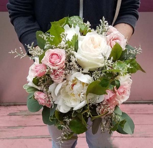 White Garden Rose and Peony Bouquet with Pink Mini Roses