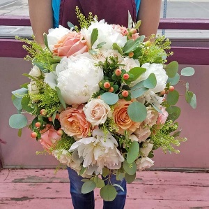 Peach Garden Rose and White Peony Bouquet with Mixed Greens