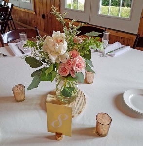 Mason Jar Centerpiece with Pink Mini Roses and White Peony 
