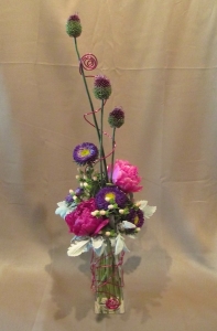 Poesy Vase with Peonies, China Aster, Hypericum Berry, Dusty Miller and Alum accented with Deco Wire